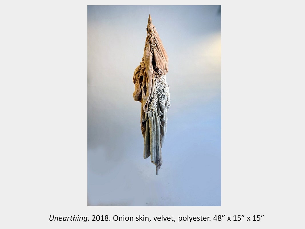 Artwork by Maria Sinmmons - Unearthing. 2018. Onion skin, velvet, polyester. 48” x 15” x 15”