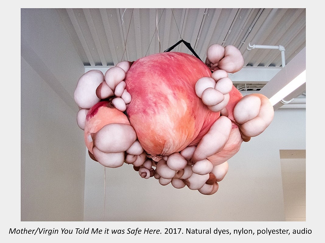 Artwork by Maria Sinmmons - Mother/Virgin You Told Me it was Safe Here. 2017. Natural dyes, nylon, polyester, audio