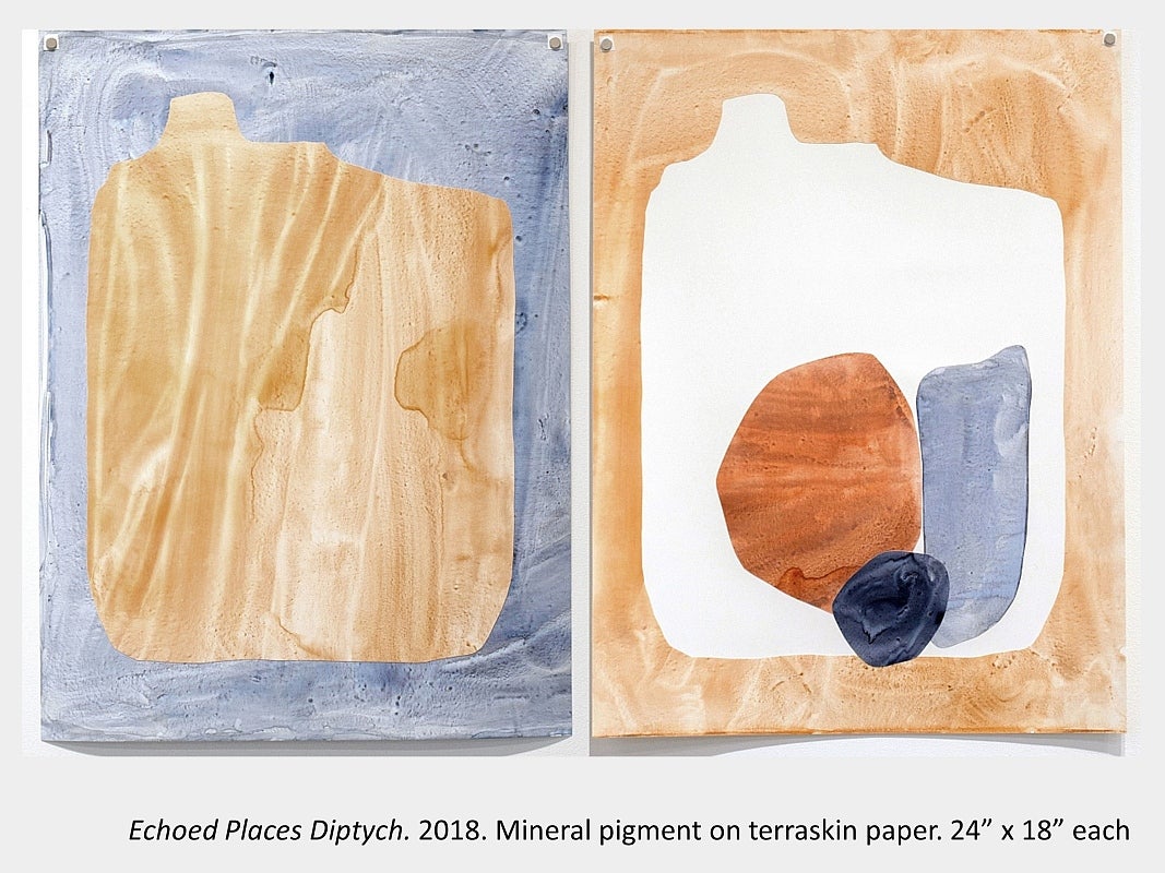 Artwork by Sara Pearson - Echoed Places Diptych. 2018. Mineral pigment on terraskin paper. 24” x 18” each