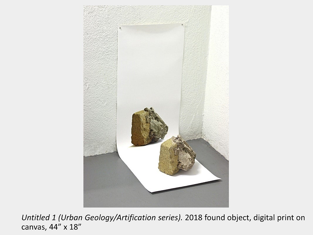 Artwork by Sara Pearson - Untitled 1 (Urban Geology/Artification series). 2018 found object, digital print on canvas, 44” x 18”