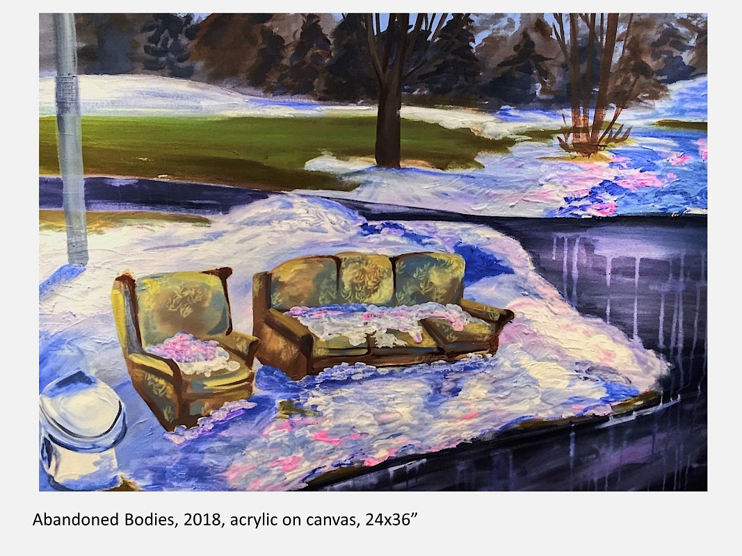 Painting of suburban street with snowbanks and couch, armchair and toilet on shoulder of road