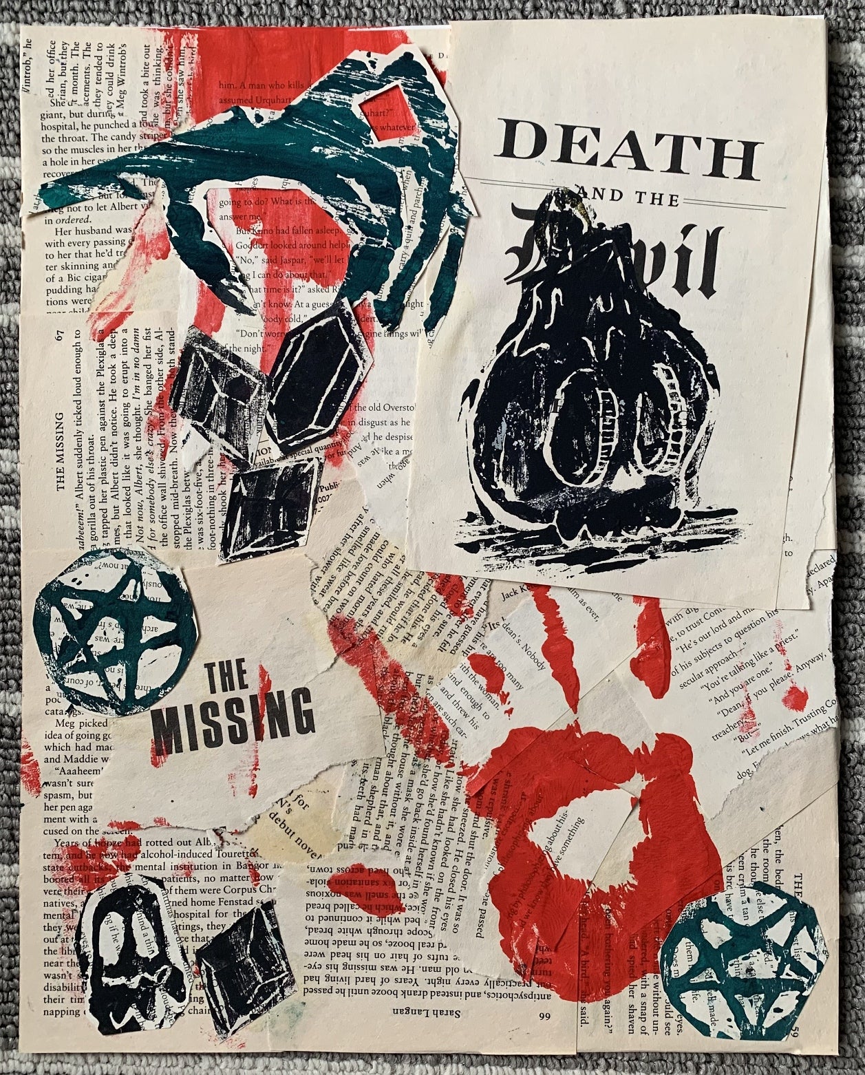 Collage in black and white of book pages, stylized stars, ghost, skull with read handprints.  Text "Death and the Devil"