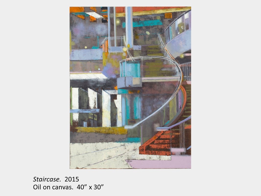 Artwork by Doug Kirton. Staircase.  2015. Oil on canvas. 40” x 30”