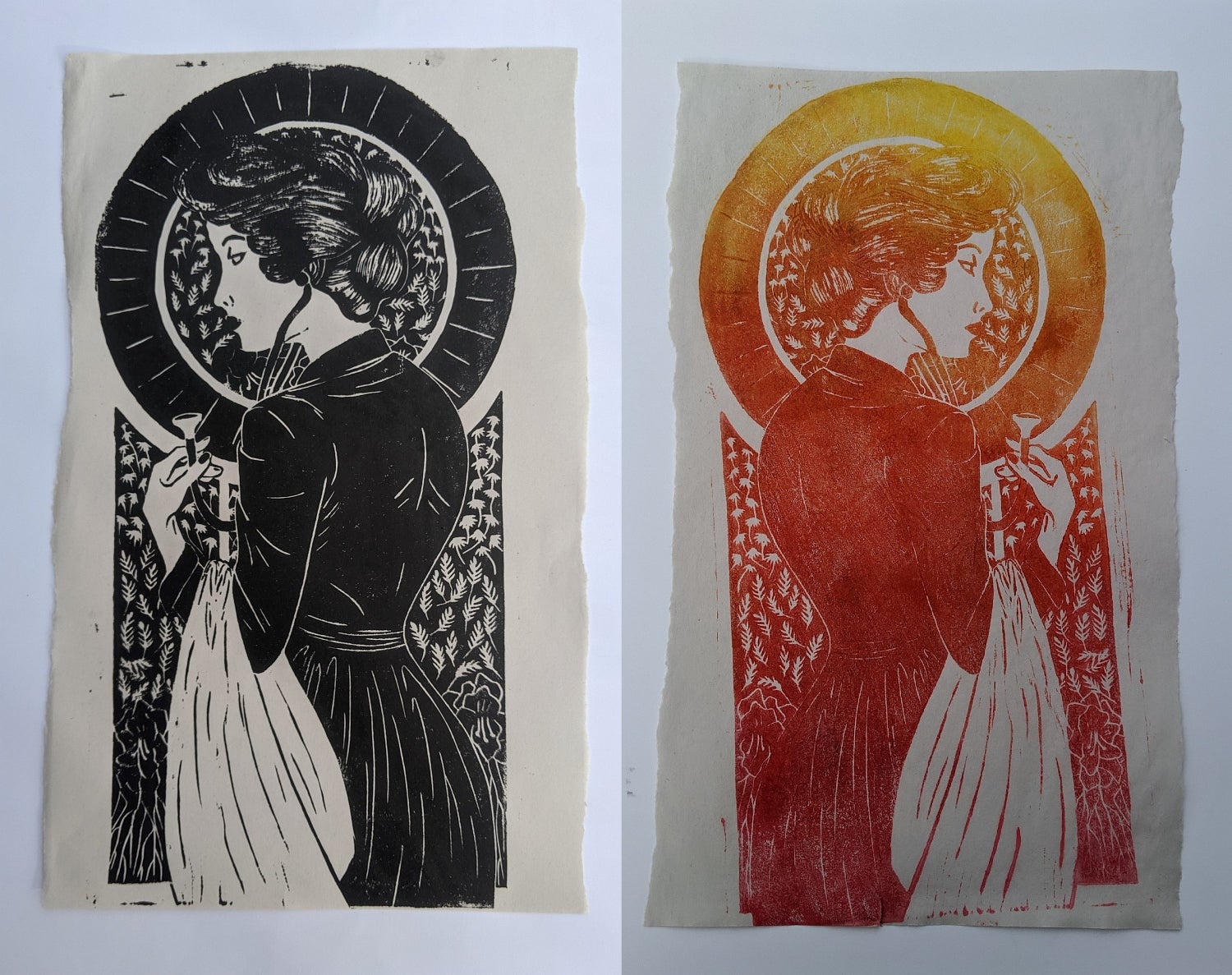 Artwork showing two images mirroring each other, shows female figure in historic dress holding a stethoscope.