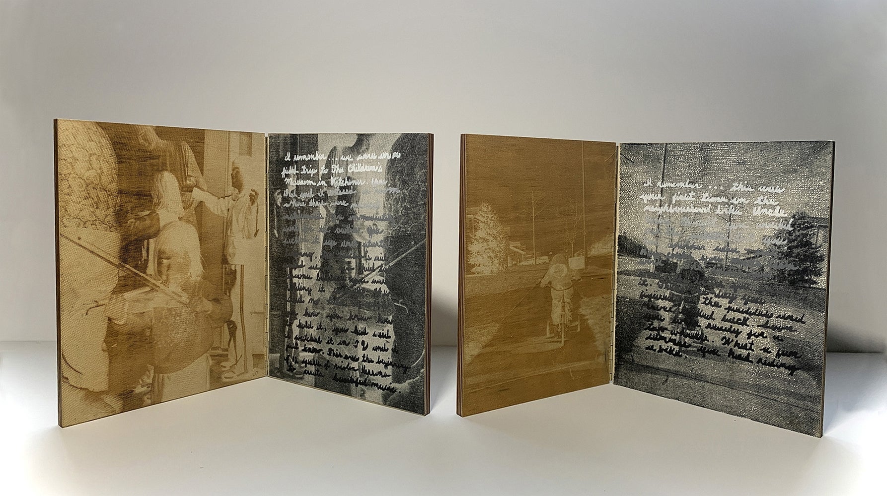 Two artworks of hinged wood panels. Left panel has sepia toned photo negative of children and right panels, same image, b&w