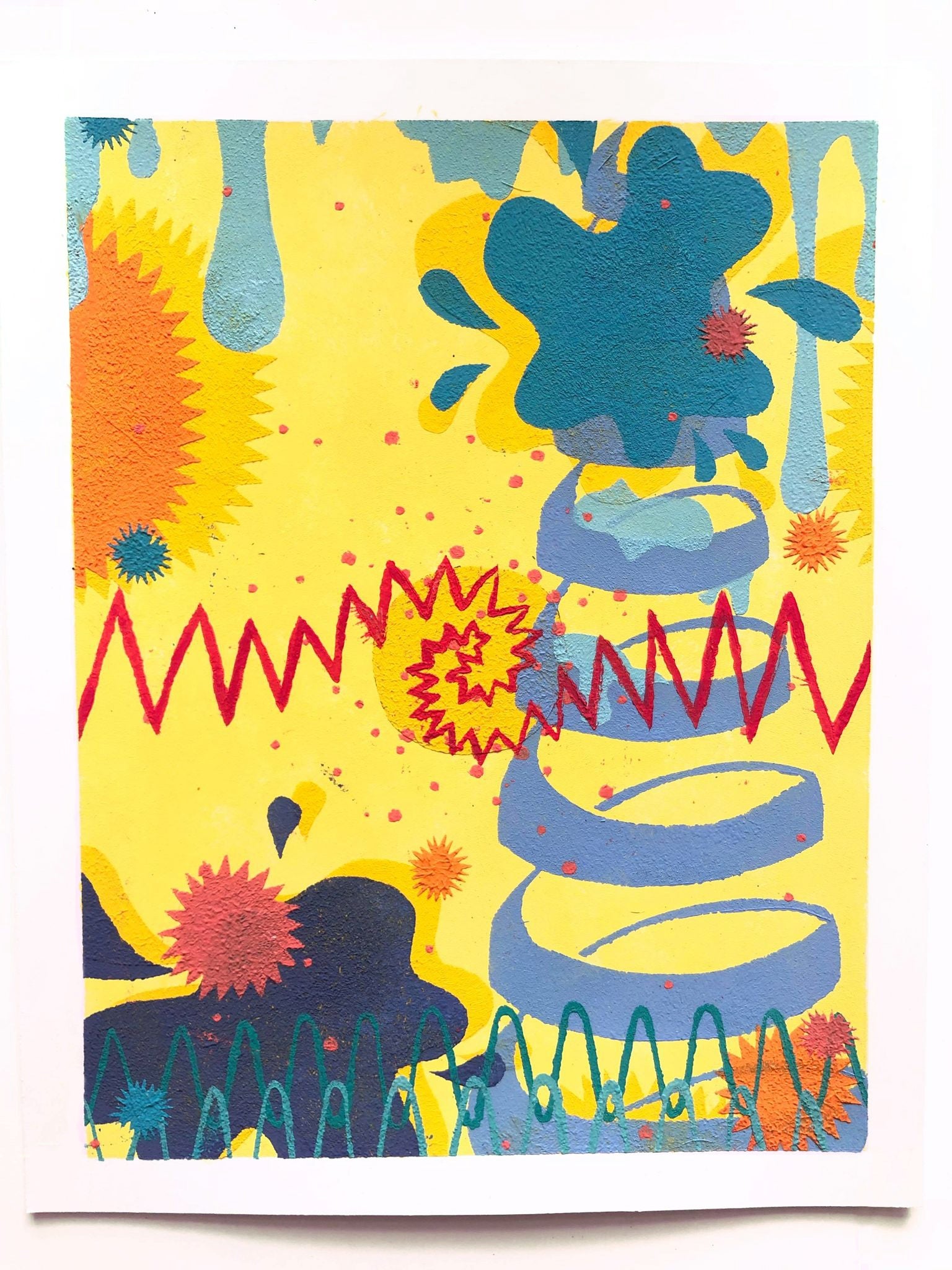 Textured abstract design of a yellow background with blue drips and spirals and red zigzags and spiky circles.