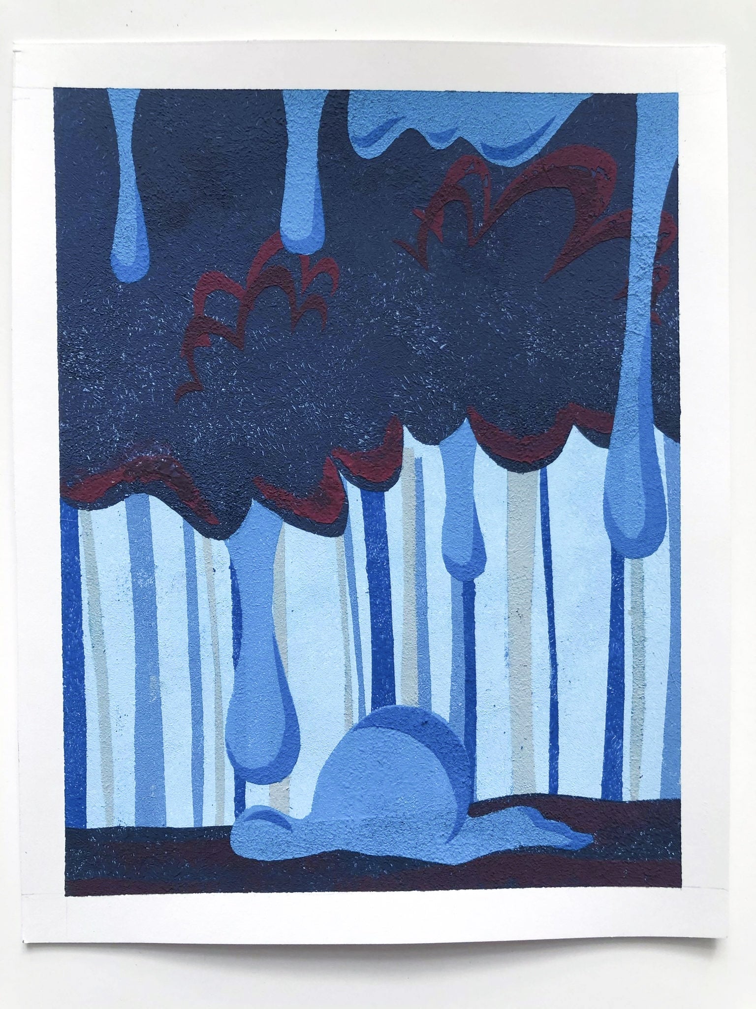 Textured abstract design in shades of blue, with dark blue cloud-like shape at top and drips of lighter blue 