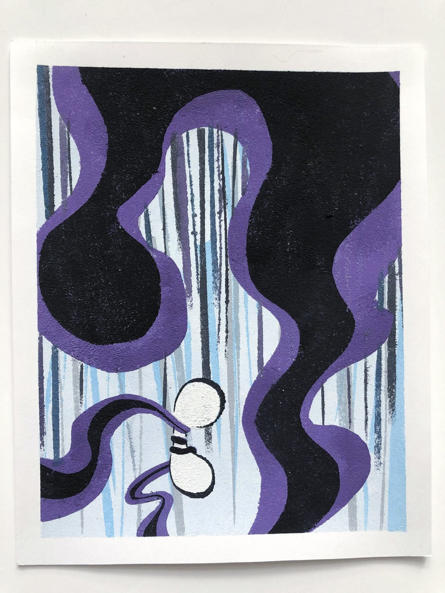 Textured abstract design in shades of white, purple and black.  Stripped background is topped with swirling black shapes.