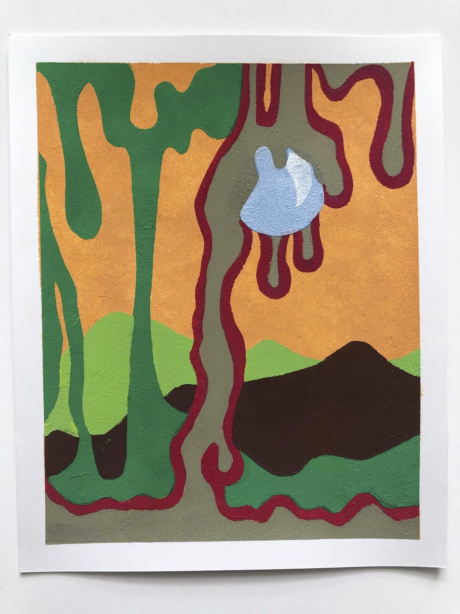 Textured abstract design orange, green and black is topped with dripping shapes in green and grey which surround a blue circle.