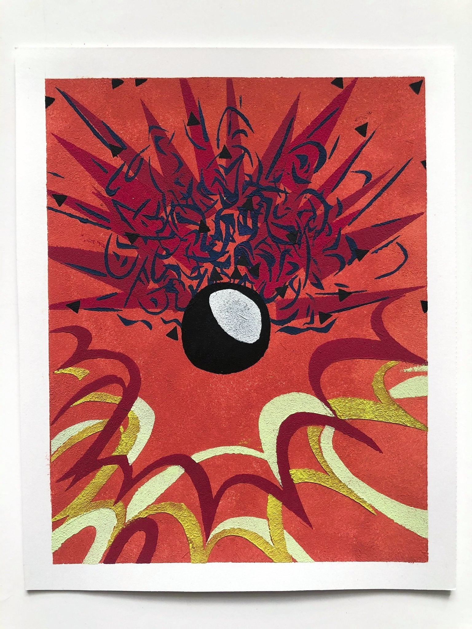 Textured abstract design in shades of red.  A black and white sphere is the center with looping lines below, pointed shapes abov