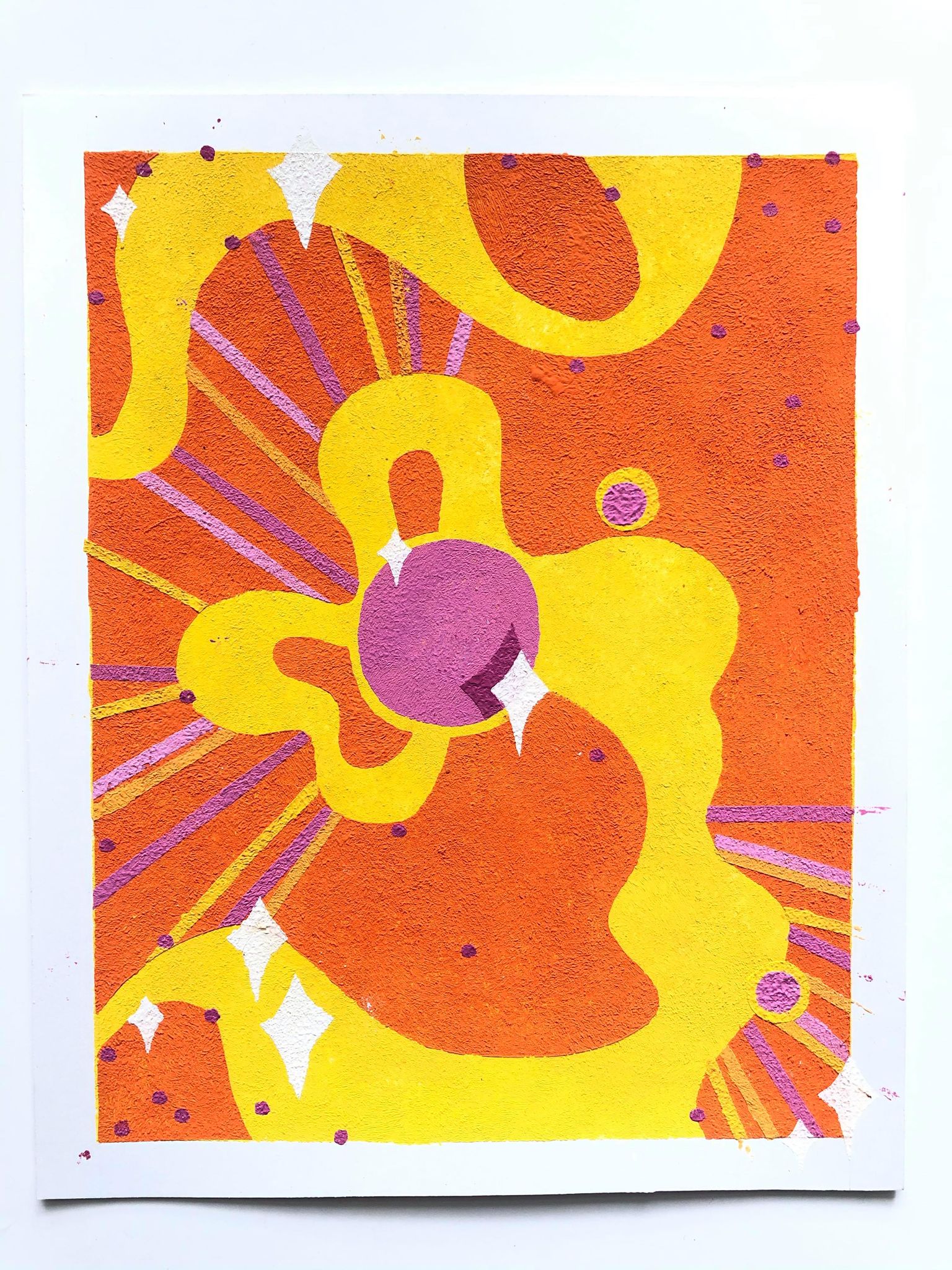 Textured abstract design of a central purple circle surrounded by swirls of yellow and coloured lines, on an orange background 