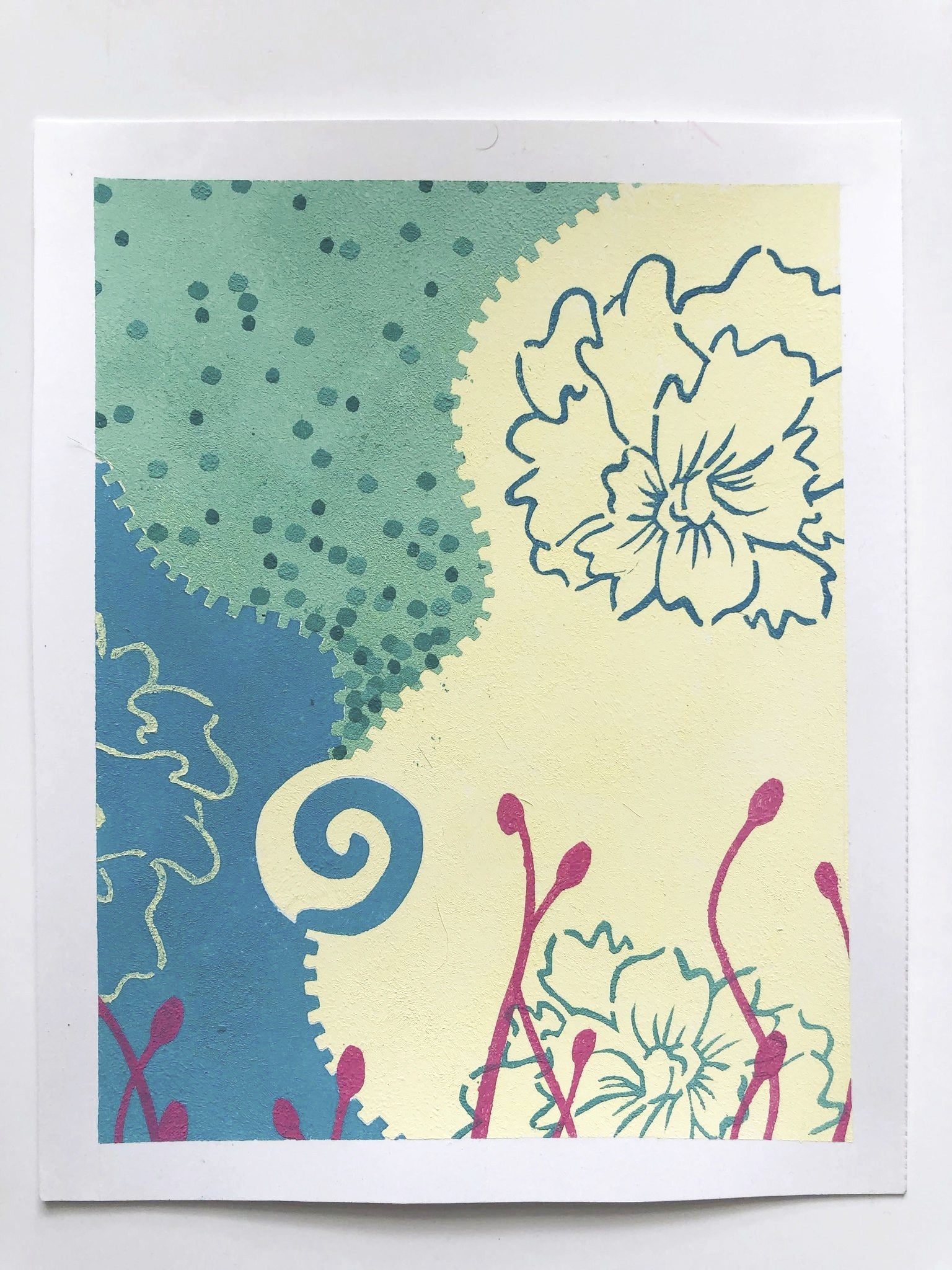 Textured abstract design, shades of blue and green on the left, pale yellow with outlined flowers on right. Pink organic forms
