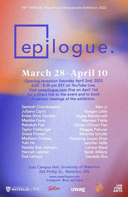 Poster for epilogue exhibition March 28-April 10, uwepilogue.com launches April 1