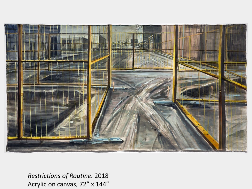 Artwork by Eryn O'Neill. Restrictions of Routine, 2018, acrylic on canvas, 72" x 144"