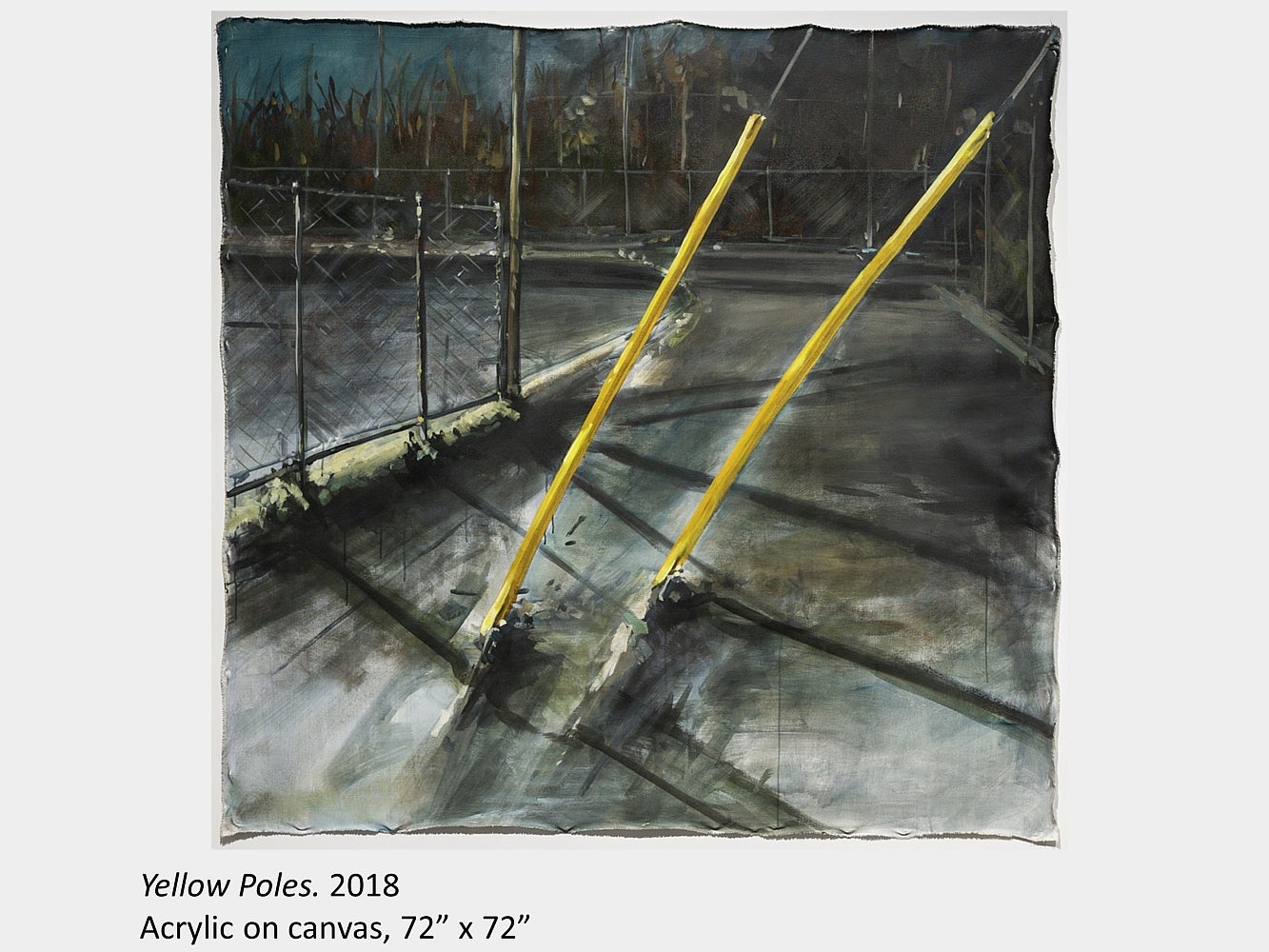 Artwork by Eryn O'Neill. Yellow Poles, 2018, acrylic on canvas, 72" x 72"