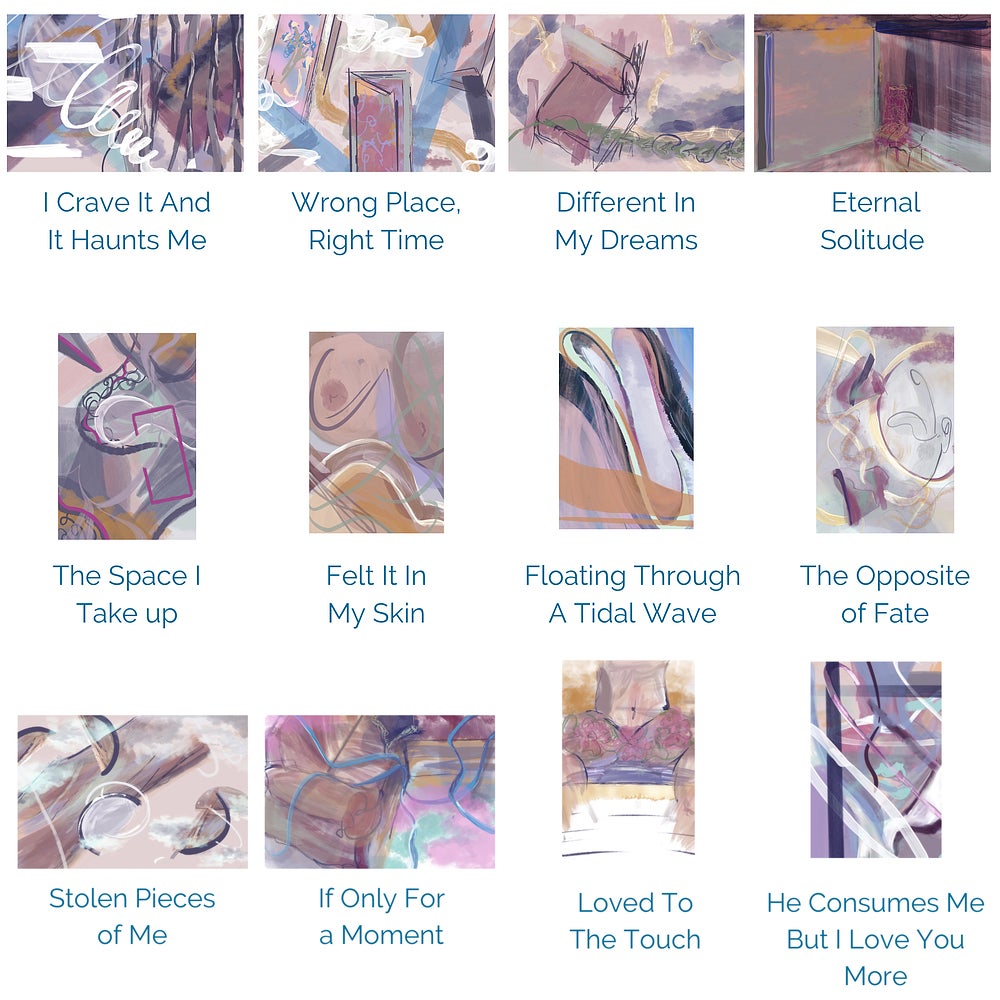 12 artwork in shades of grey, mauve, pink and gold with titles arranged in a 4 x 3 grid pattern.