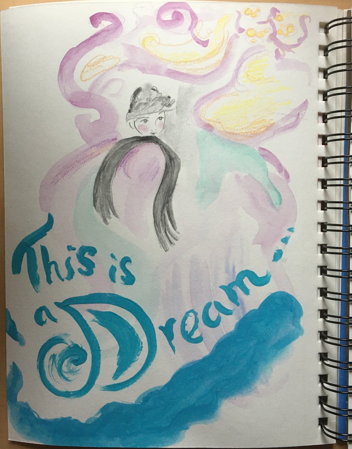 Swirling lines of blue, mauve, yellow and green go diagonally across the page,  small head wearing a hat; text "This is a Dream"
