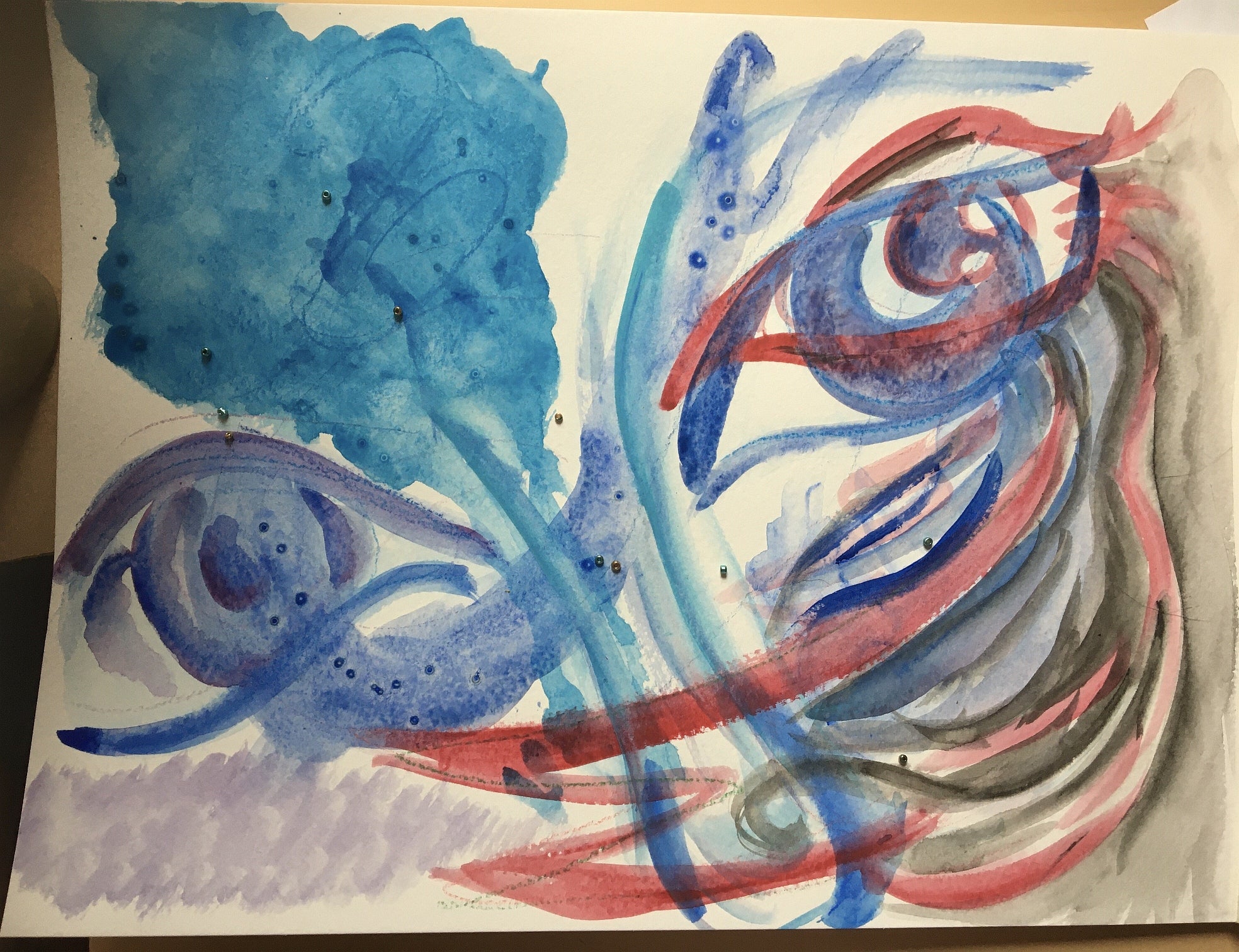 Watercolour sketch of eyes and nose in shades of blue; superimposed with bird-like shape in red and black