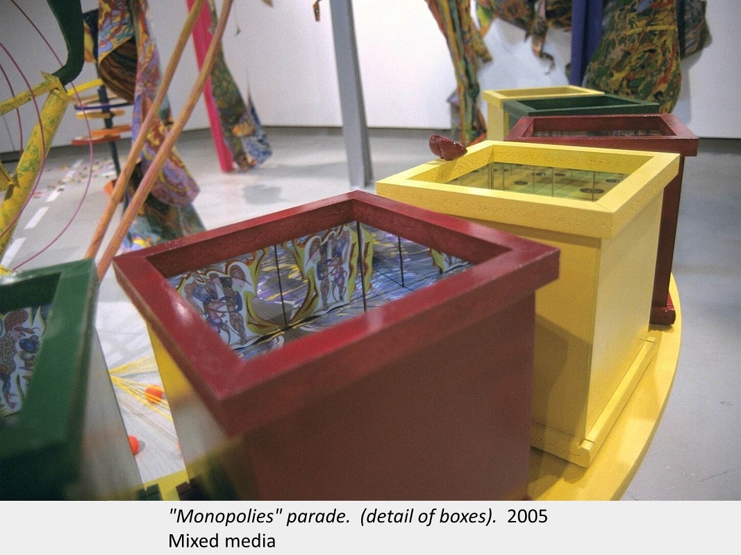 Artwork by Cesar Forero. "Monopolies" parade (detail of boxes). 2005. Mixed media.
