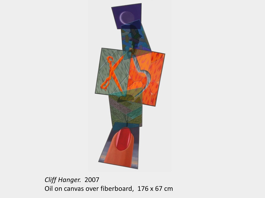 Artwork by Art Green. Cliff Hanger. 2007. Oil on canvas over fiberboard. 176 x 67 cm.