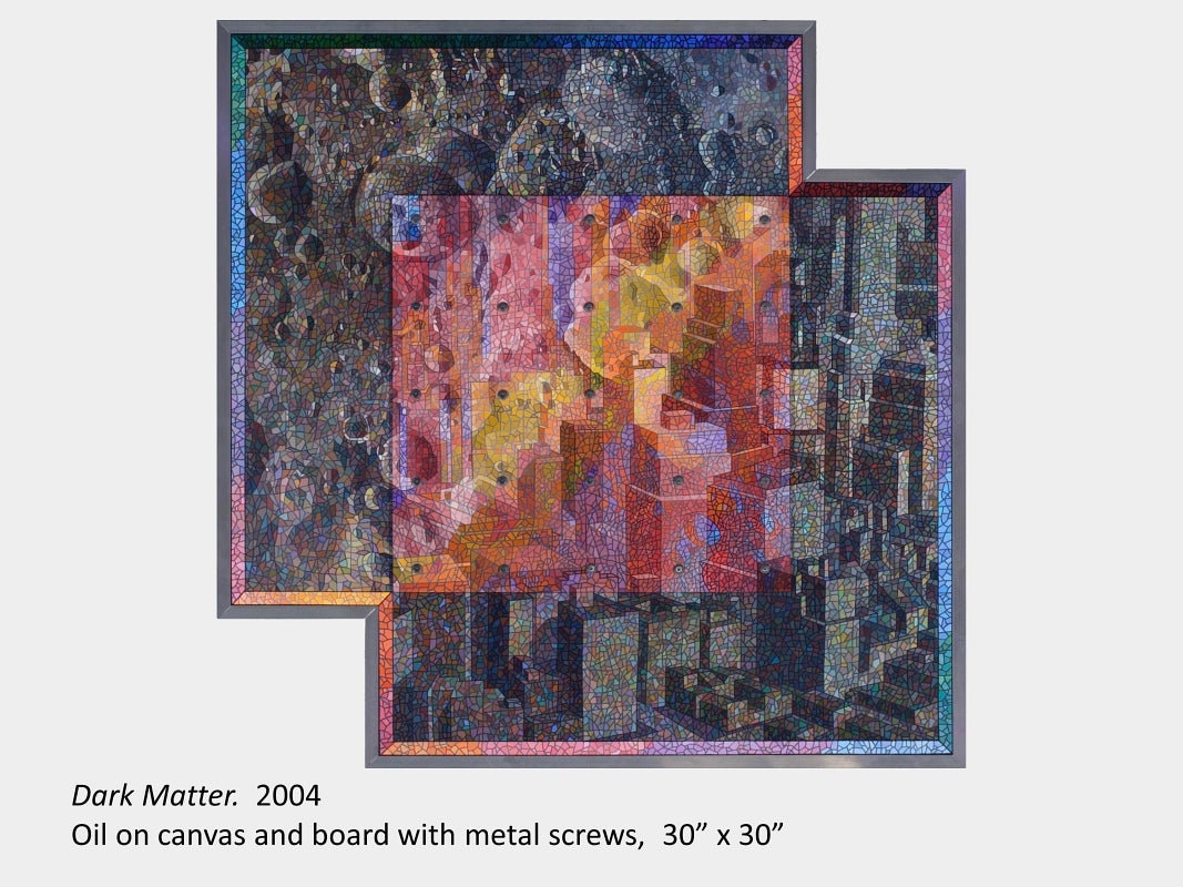 Artwork by Art Green. Dark Matter. 2004. Oil on canvas and board with metal screws. 30” x 30”