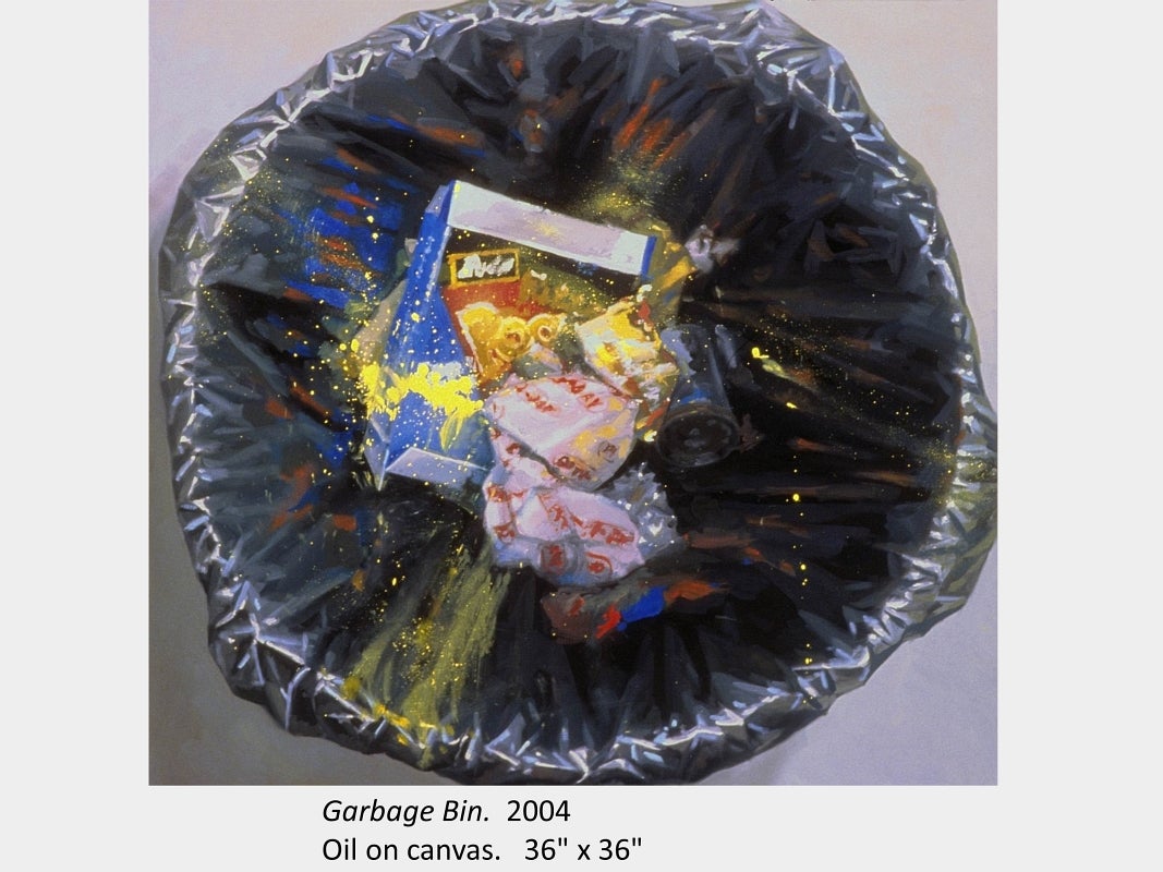 Artwork by Macksim Grunin. Garbage Bin. 2004. Oil on canvas. 36" x 36"