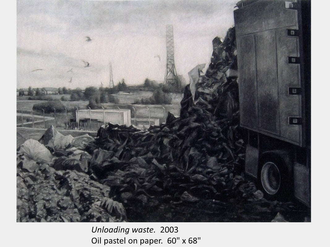 Artwork by Macksim Grunin. Unloading waste. 2003. Oil pastel on paper. 60" x 68"