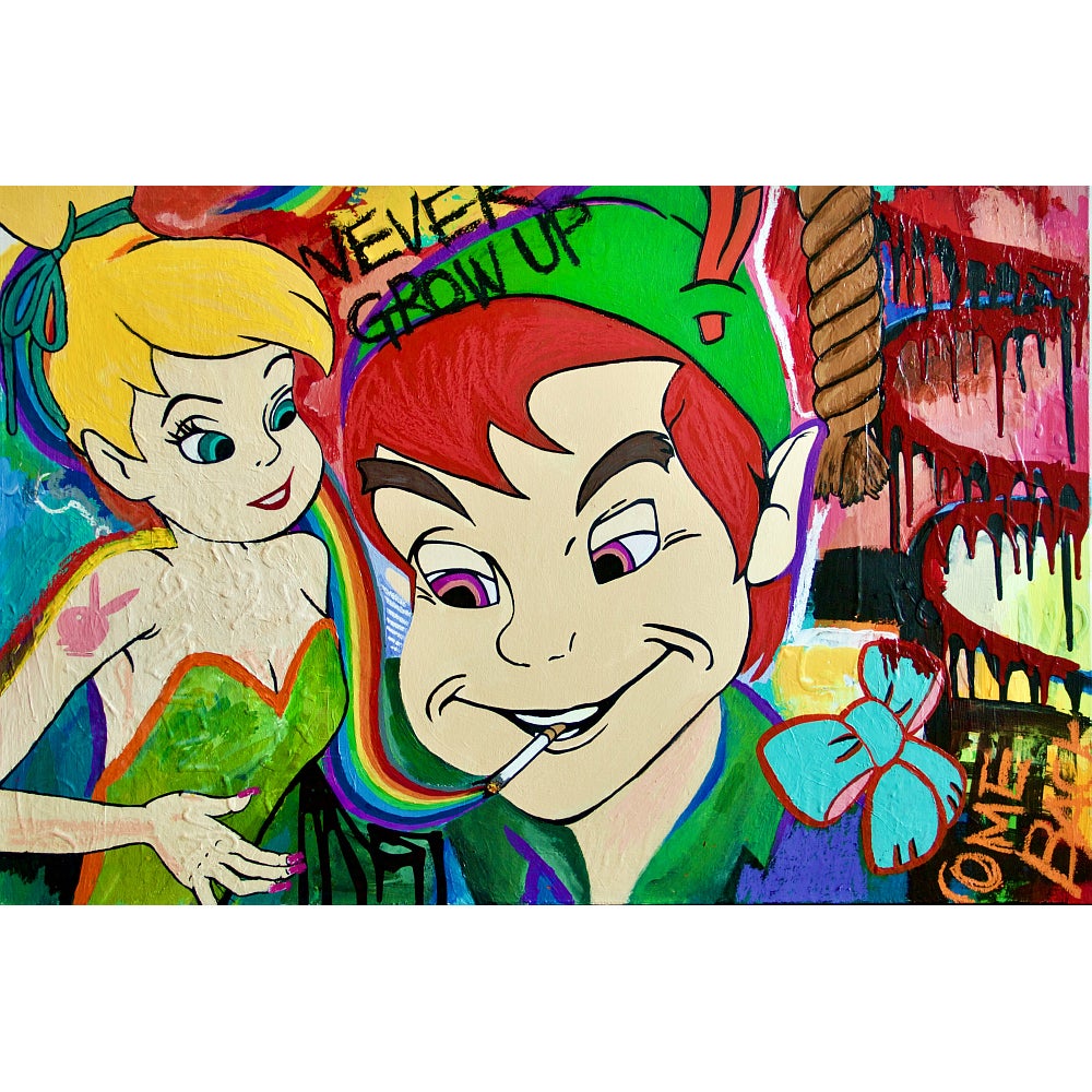 Painting of Peter Pan smoking with rainbow coloured smoke and Tinkerbell with a playboy bunny arm tatoo