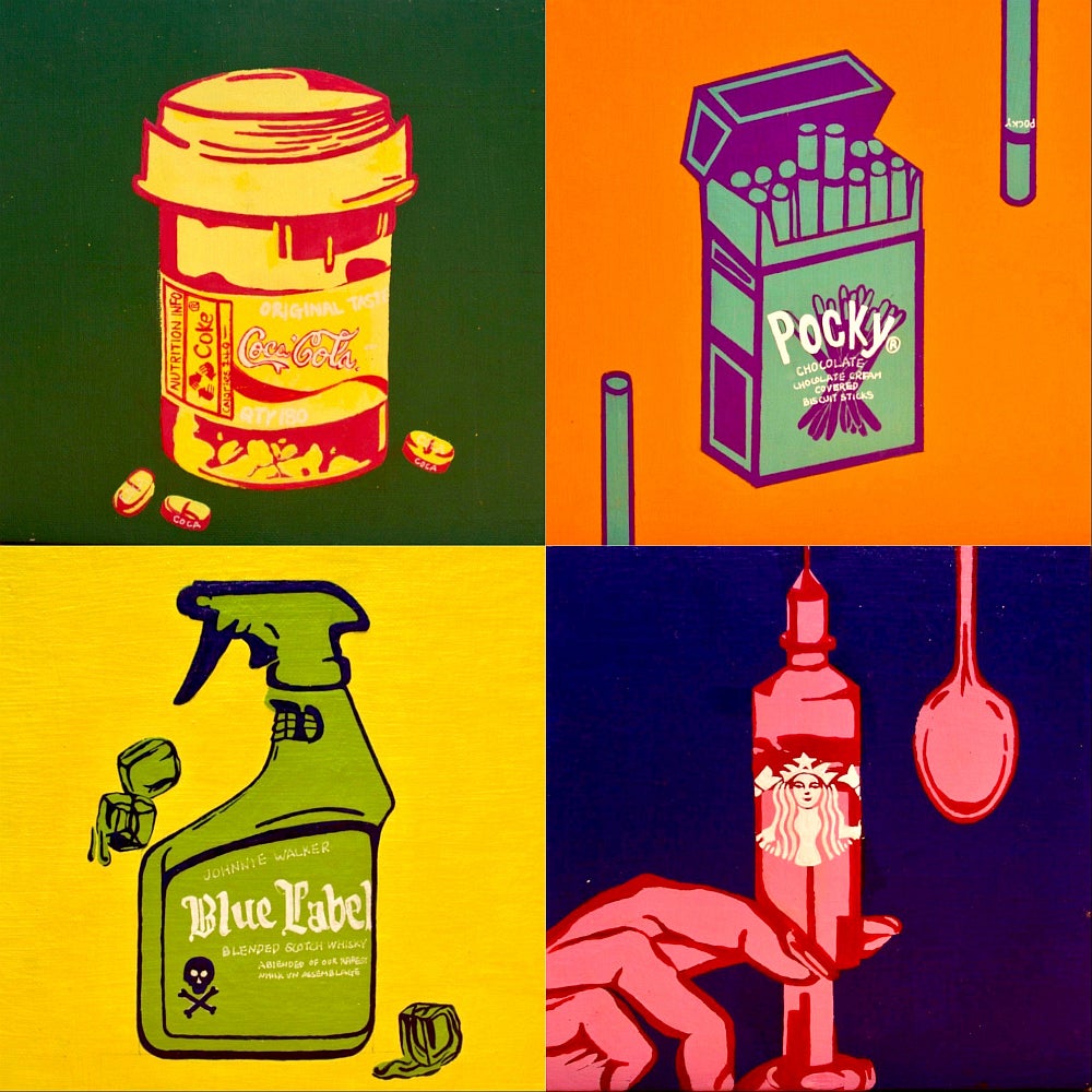 Four brightly coloured panels; medicine bottle labelled Coca-Cola, cigarette pack labelled Pocky, spray bottle labelled Blue Lab