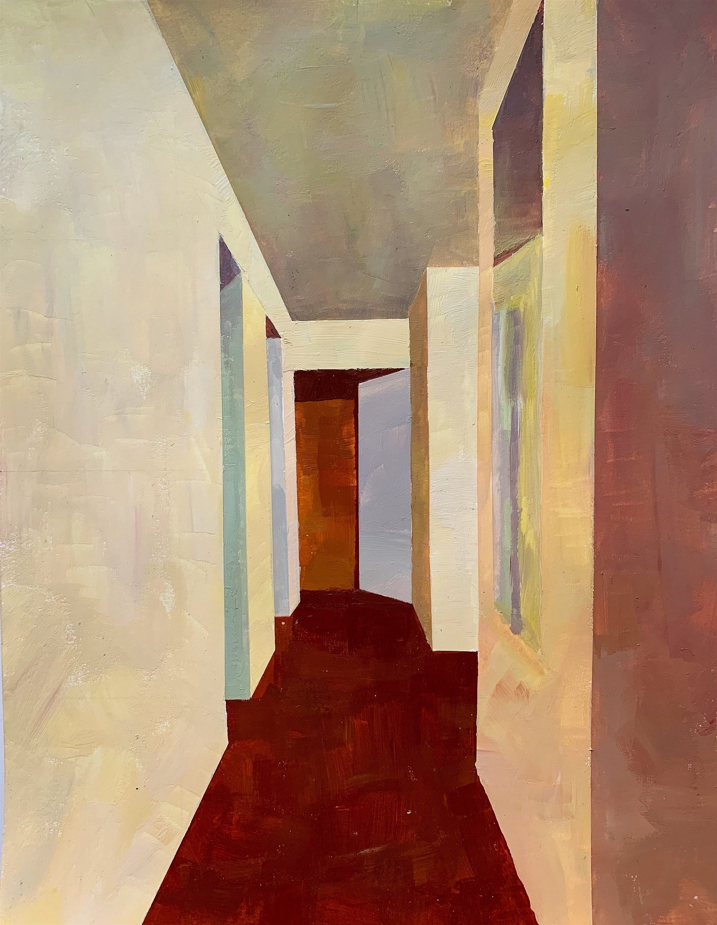 Painting of a simplified empty hallway with an open door at the far end and four other openings at sides
