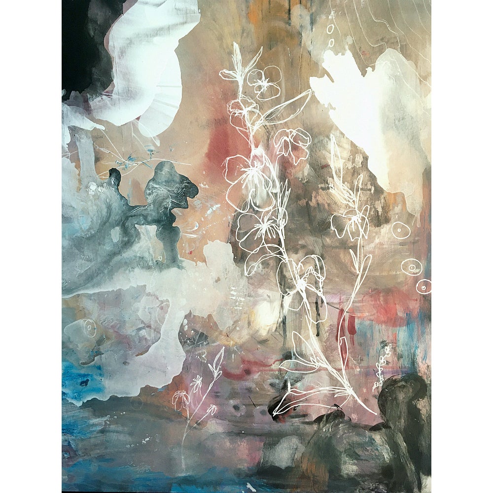 Artwork with swirling cloudlike pattern of blue, peach, white. grey and black overlaid with white outlines of plants.