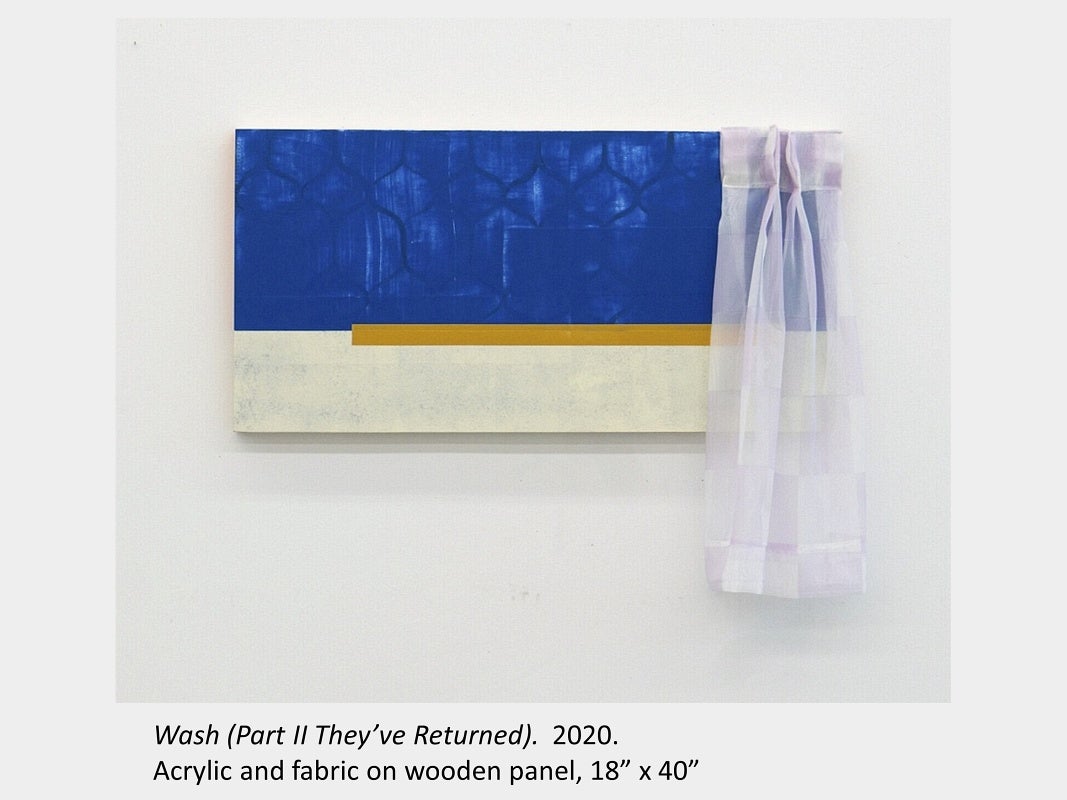 Brubey Hu's artwork "Wash (Part II They’ve Returned)", 2020, acrylic and fabric on wooden panel, 18” x 40”