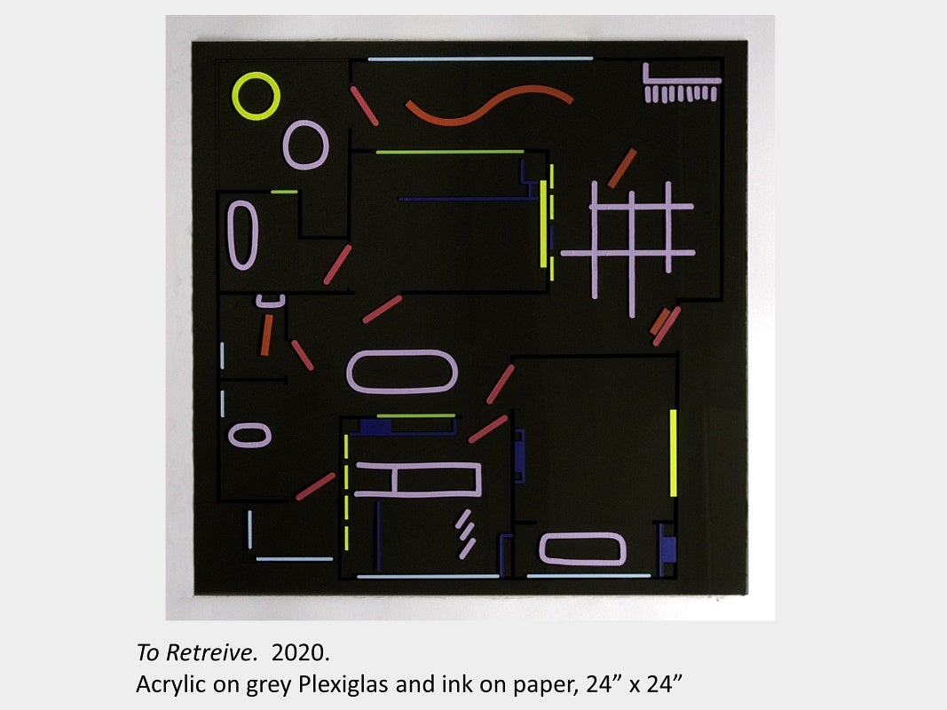 Brubey Hu's artwork "To Retrieve", 2020, acrylic on grey Plexiglas and ink on paper, 24” x 24”