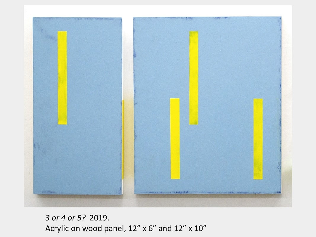 Brubey Hu's artwork "3 or 4 or 5?" 2019, acrylic on wooden panels, 12” x 6” and 12” x 10”