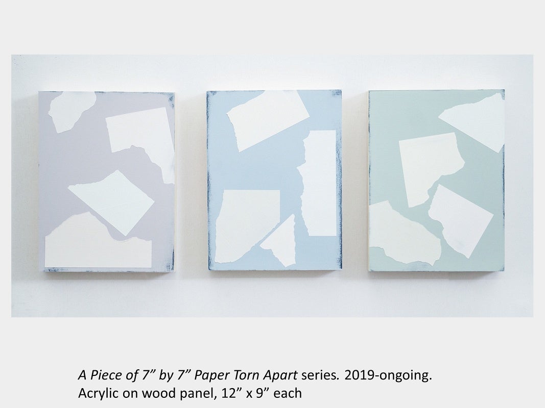 Brubey Hu's artwork "A Piece of 7” by 7” Paper Torn Apart" series, 2019-current, acrylic on wooden panels, 12” x 9” each