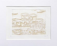 Monochromatic embossed print of a bird viewing tower, and it's reflection in the water below.