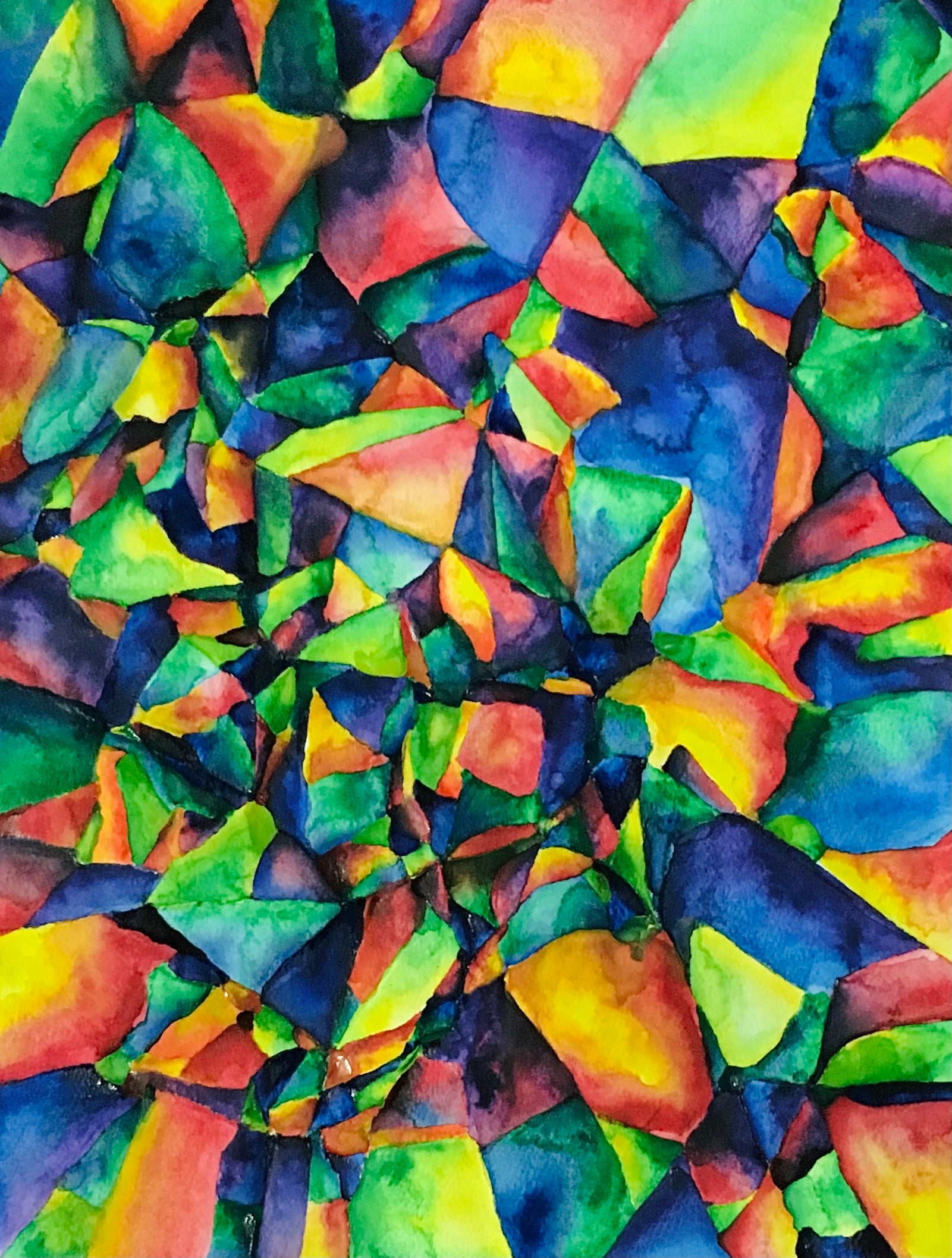 Abstract watercolour of multiple shapes in various colours.