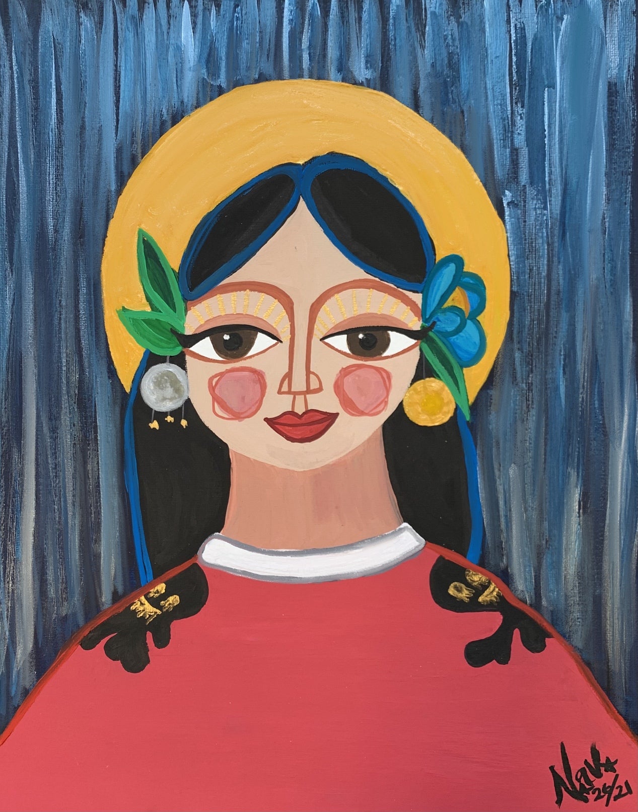 Folk-art style painting of woman's head with flowers behind her ears, yellow "halo" and skull and bones pattern of shoulders