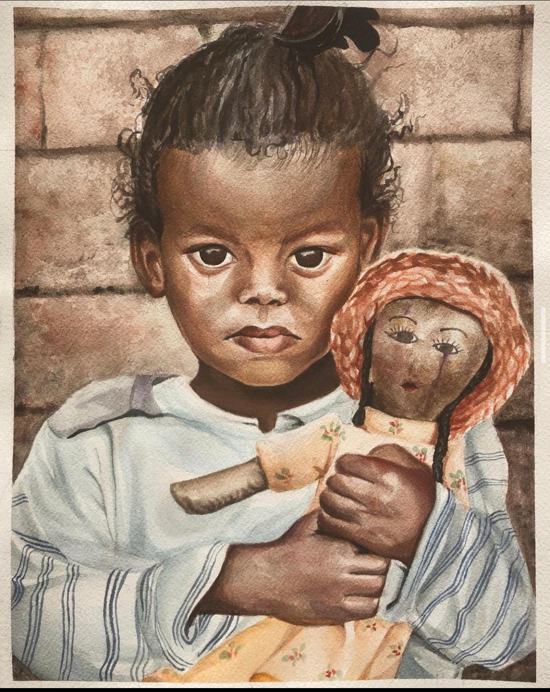 Artwork of small child staring at viewer while holding a rag doll.  Doll appears to be crying.