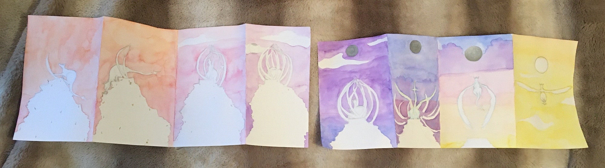 2 pages folded accordion-style into four sections, shows a dragon build a cage, burst out and fly to the sun