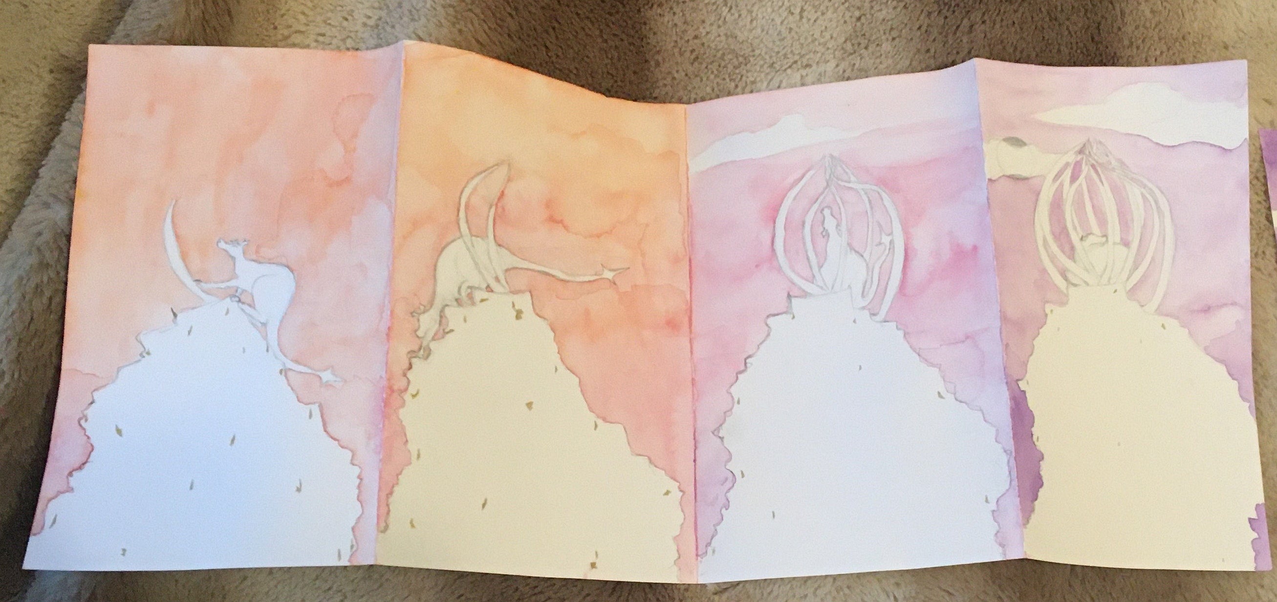 Page folded accordion-style into four sections, each shows a dragon on a mountain progressively building a cage.