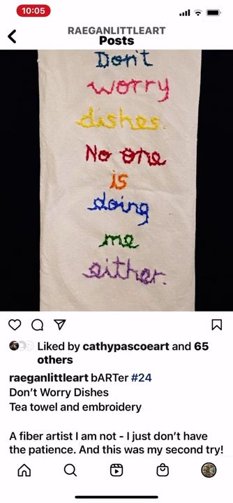 Screencapture of instagram feed showing an artwork of embroidered text "Don't worry dishes no one is doing me either"