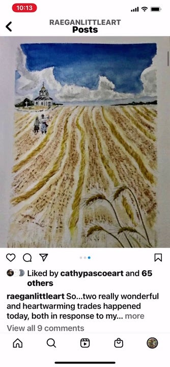 Screencapture of instagram feed showing an painting of a grain field with two people and a church in the background