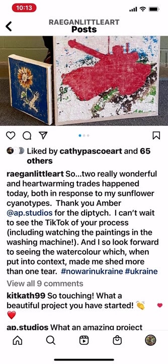 Screencapture of instagram feed showing an artwork with two panels hinged together of sunflowers and a red tank.
