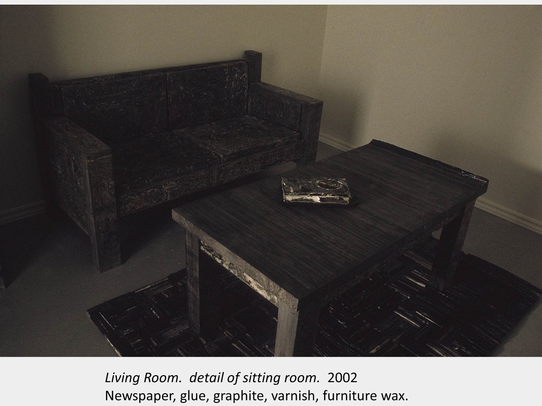 Artwork by In-Sun Kim. Living Room. detail of sitting room. 2002. Newspaper, glue, graphite, varnish, furniture wax.