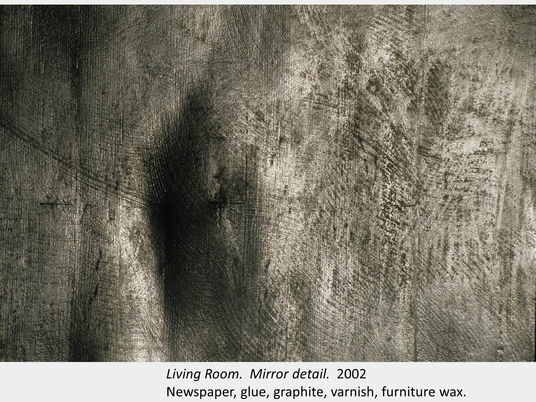 Artwork by In-Sun Kim. Living Room. Mirror detail. 2002. Newspaper, glue, graphite, varnish, furniture wax.