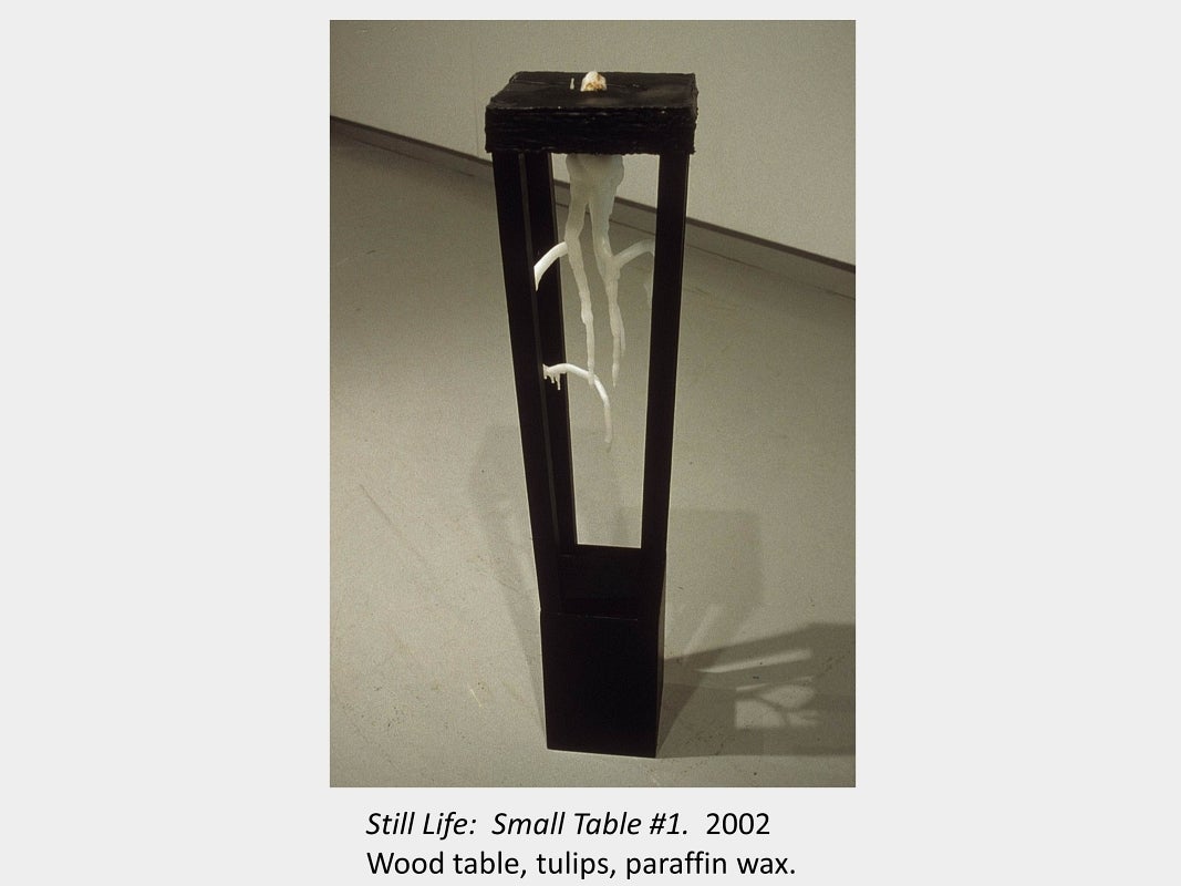 Artwork by Tamara Izsak. Still Life: Small Table #1. 2002. Wood table, tulips, paraffin wax.