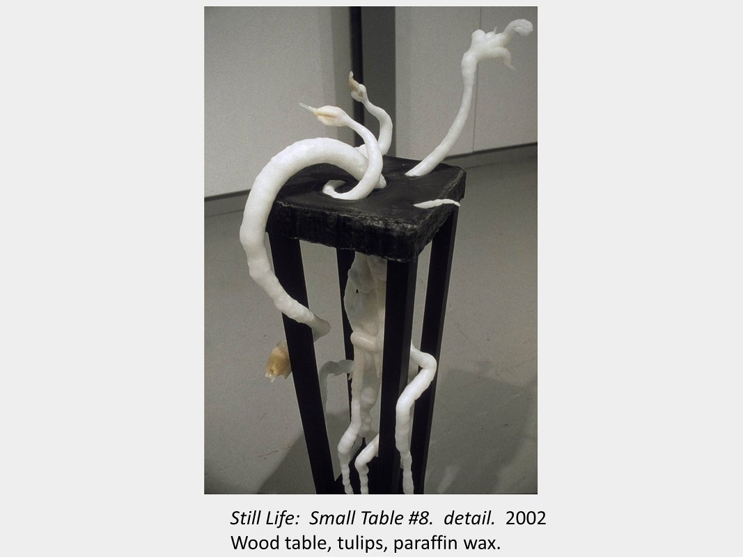 Artwork by Tamara Izsak. Still Life: Small Table #8. detail. 2002. Wood table, tulips, paraffin wax.