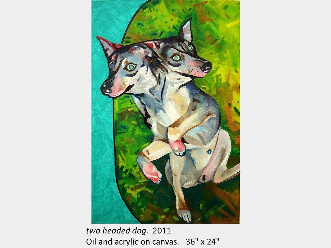 Artwork by Heidi Jahnke. two headed dog. 2011. Oil and acrylic on canvas. 36" x 24"