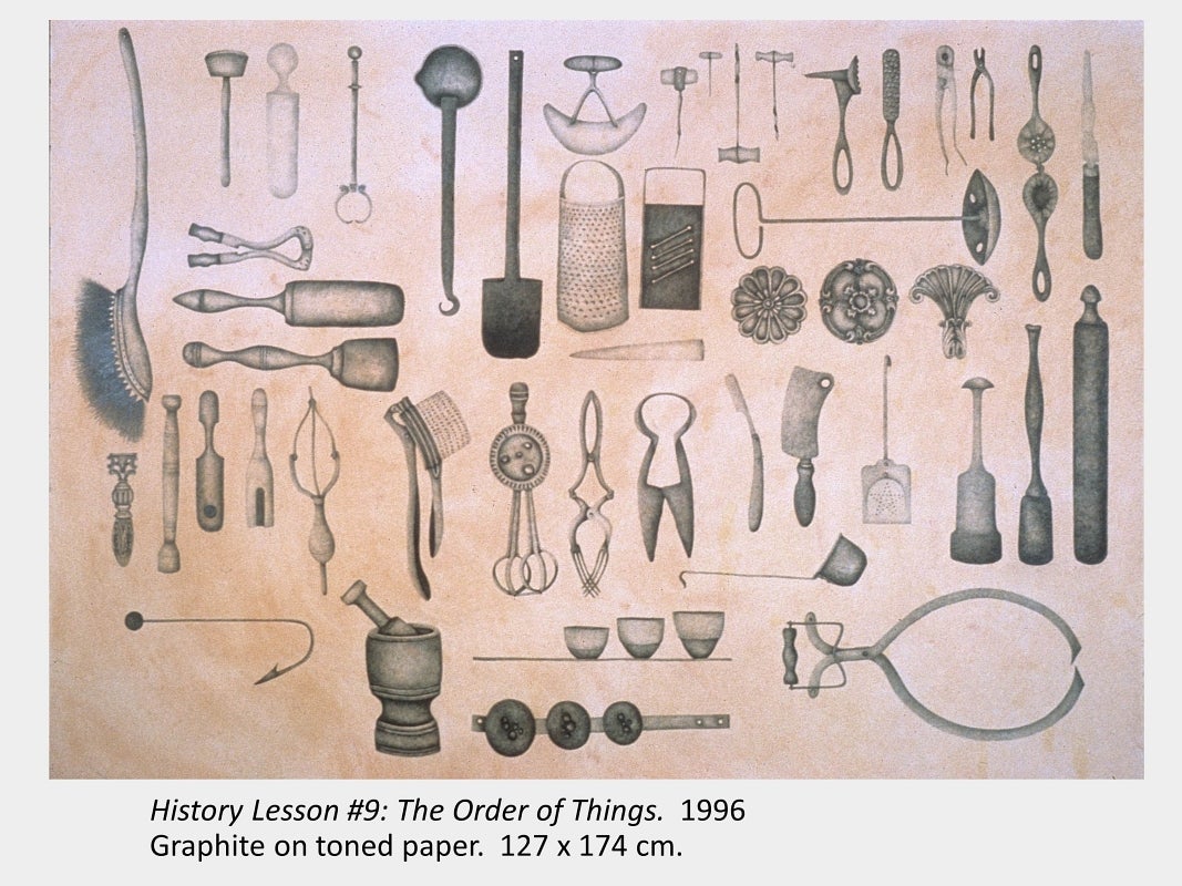 Artwork by Jane Buyers. History Lesson #9: The Order of Things. 1996. Graphite on toned paper. 127 x 174 cm.